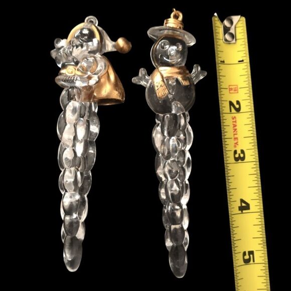 Acrylic Icicle Ornaments Lot x 3 Snowman Santa Claus Gold Trimmed Clear Lucite. - Picture 2 of 16